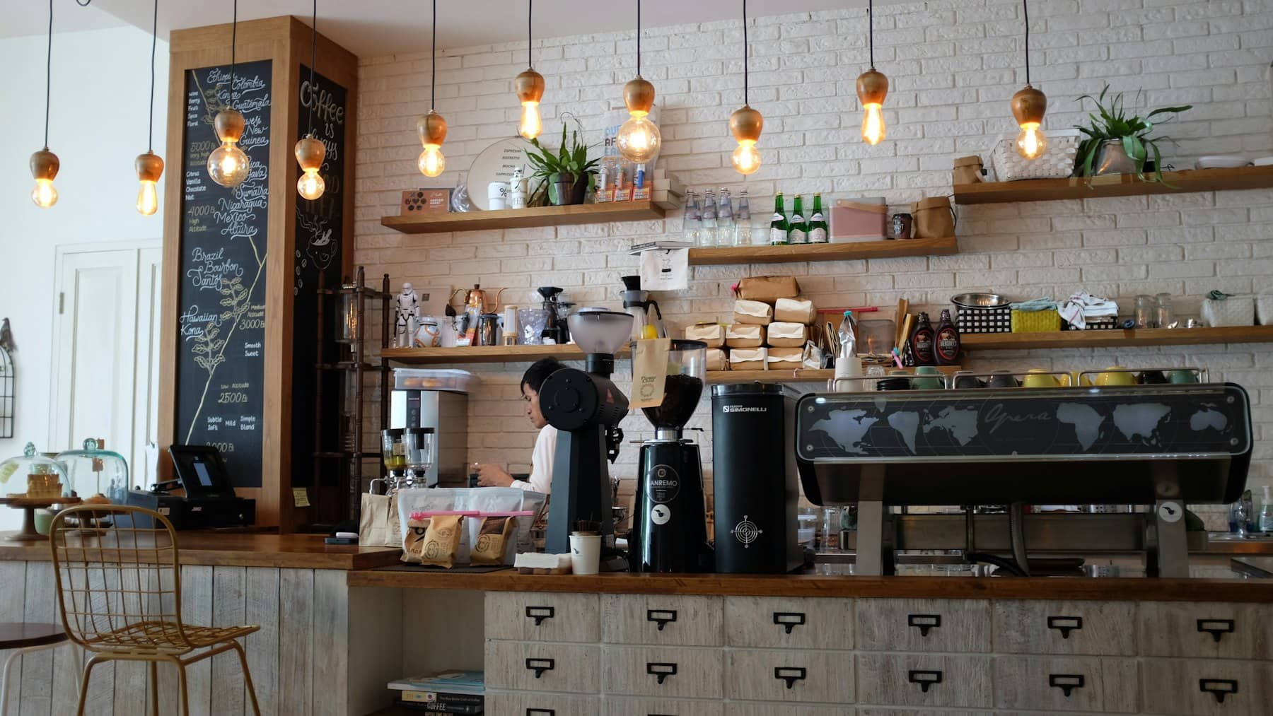 A cafe counter with the coffee machine ready